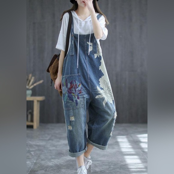 OMYCHIC Flower Club Loose Relaxed Fit Black Denim Overalls Pockets - Picture 2 of 13